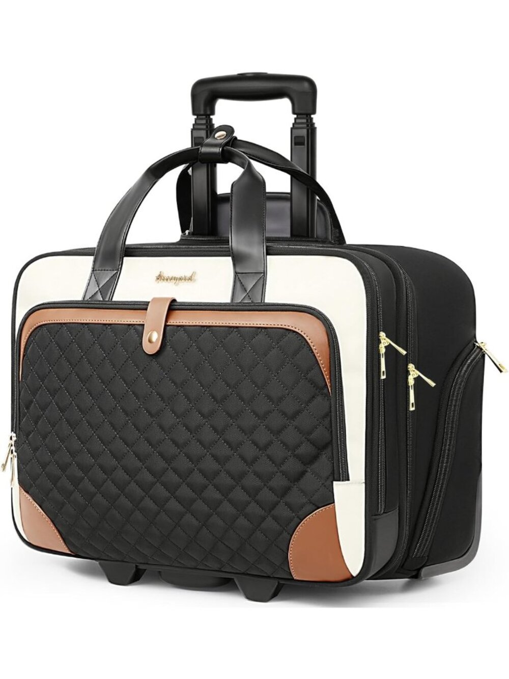 Stylish Rolling Laptop Bag for Women, 17.3 Inch, Beige & Brown, Travel-Friendly